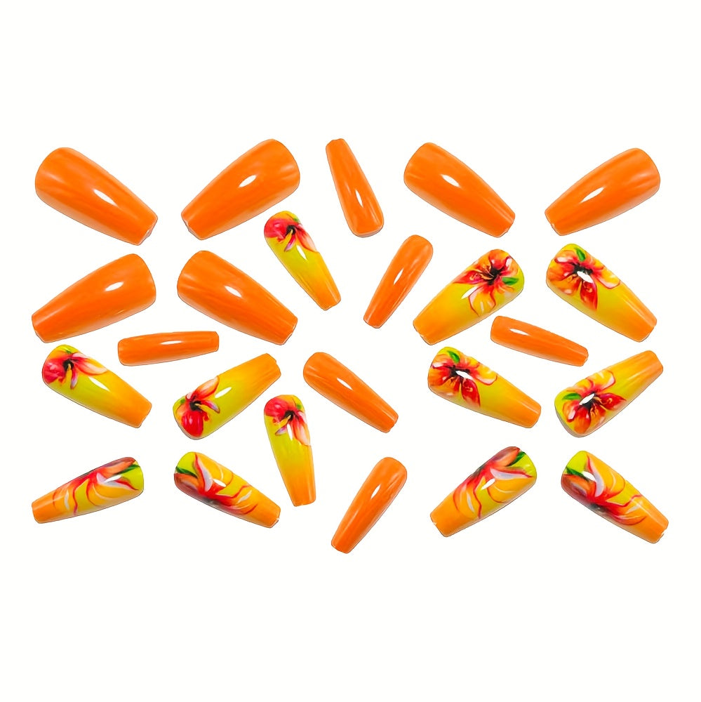 24pcs Ballet Fake Nails with Hand-Painted Orange Gradient Flowers & White tip - Medium Length Press- Nail Patches, Glossy Ballerina Nails Suitable for Dance, Weddings, Parties, Daily Wear