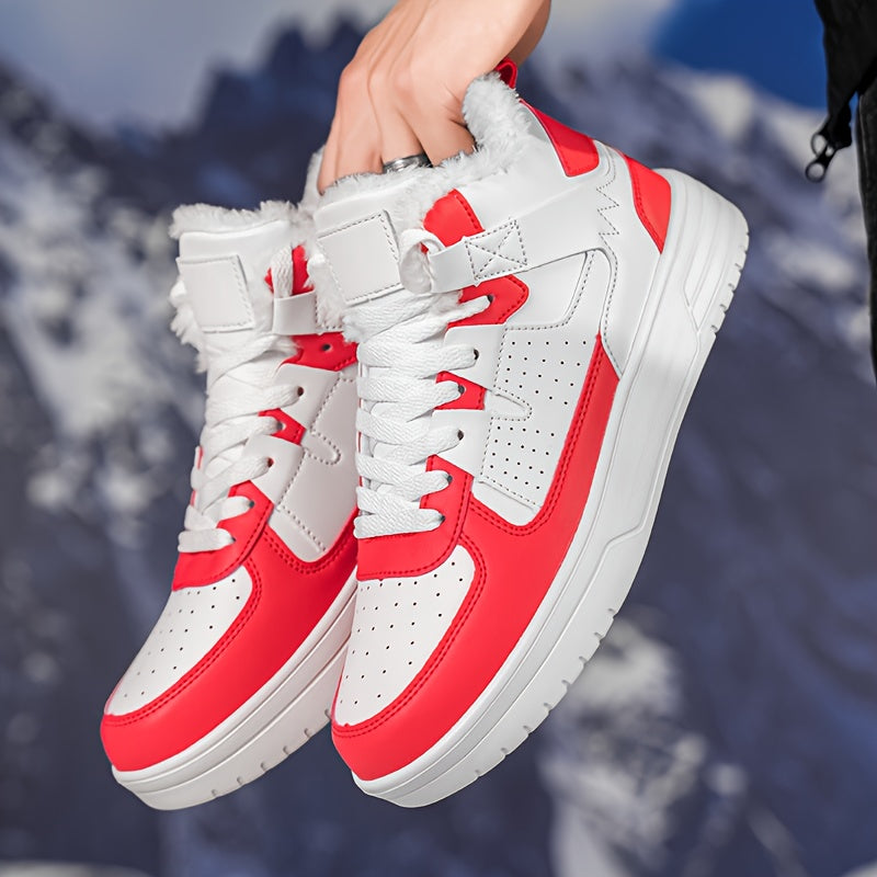 WANWEISI Men's Winter High-Top Thick-Sole Sneakers with Plush Fleece Lining - Heavy-Duty & MD Sole, Lace-Up Winter Boots for Hiking, Outdoor, Casual & Casual Attire - Warm Thermal Insulation, Cushioned Comfort, White/Black/Re