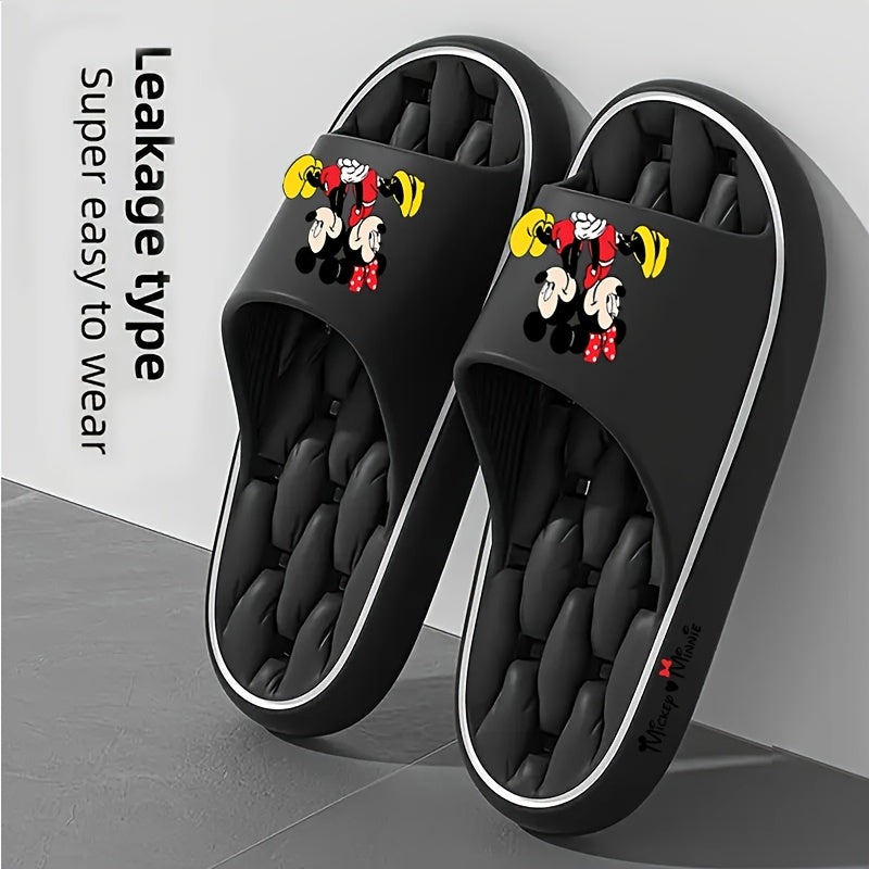 1 Pair Disney Mickey & Minnie Sitting Back-to-Back Cartoon Slip-On Slippers - Soft EVA Breathable Open-Toe Unisex Indoor/Outdoor House Shoes with Anti-Slip Sole, Cute Character Design for Women & Men (Beige/Black), All-Season
