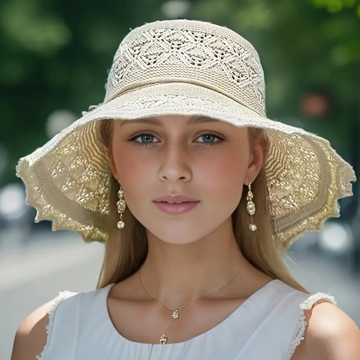 MONYPLAY Women's Summer Crochet Straw-Style Acrylic Sun Hat - Wide Brim Lightweight Floppy Beach Hat with Floral Embellishments, Machine Washable for Outdoor, Garden & Picnic