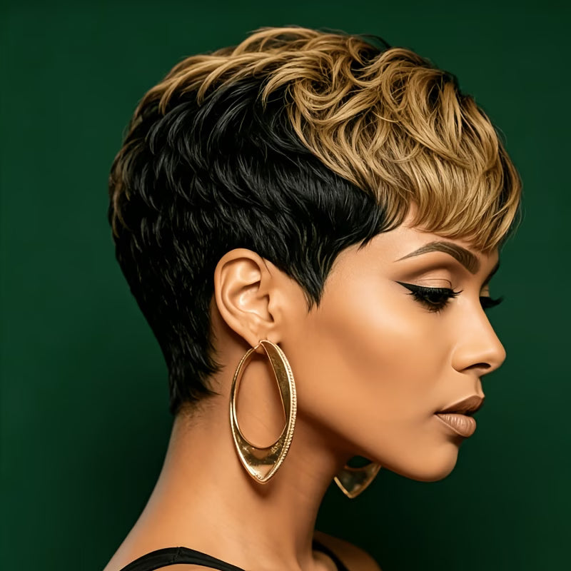 Women's Short Straight Pixie Cut Human Hair Wig with Bangs - 1B/30# Blonde Machine-Made Full Wig Suitable for Holiday/Party & Casual Attire, Density Hairpiece for Bald, Elastic for All Skin Tones