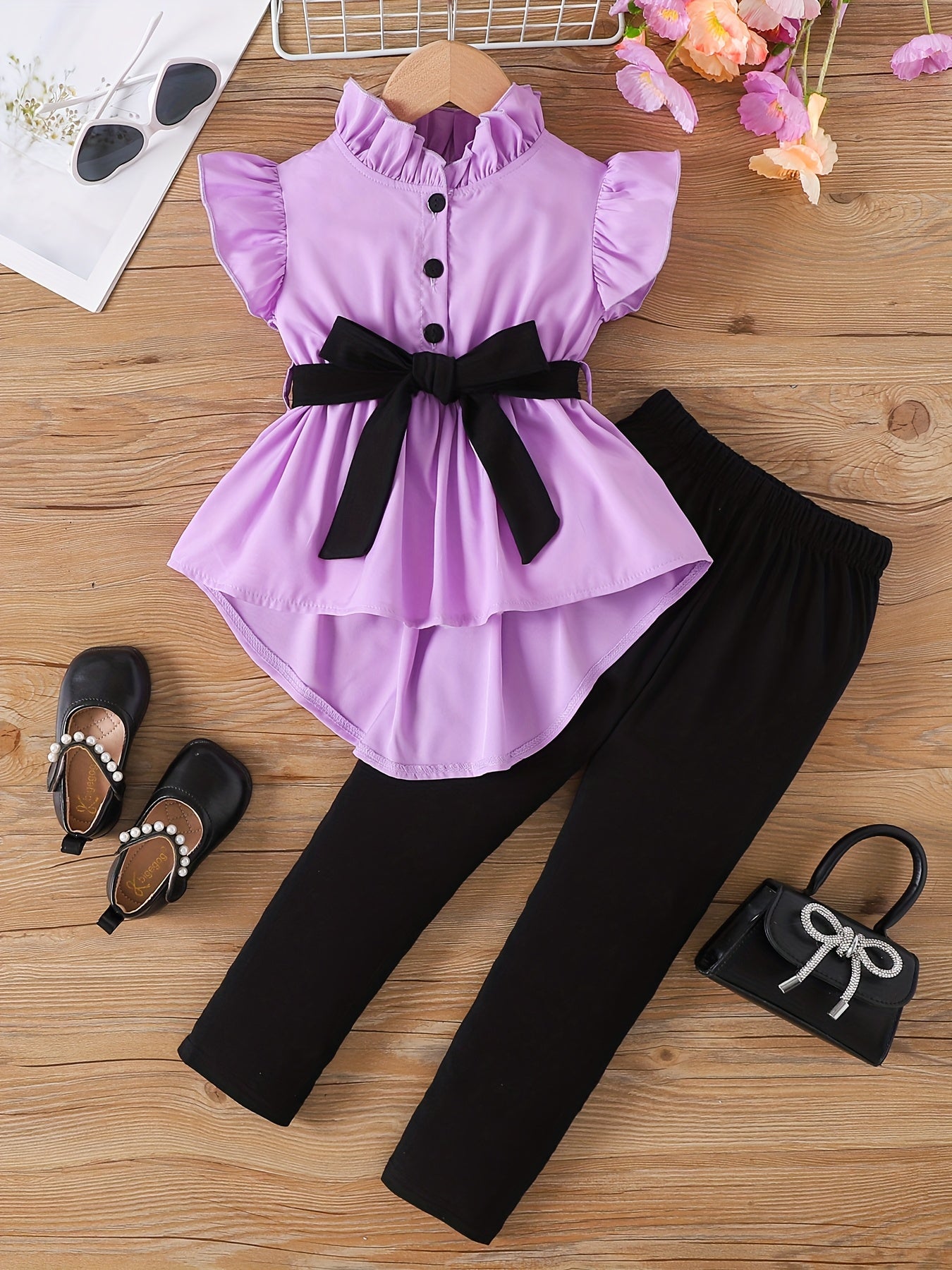 Outdoor Two-Piece Set for Girls, Fashionable Spring/Summer Contrast Belt Flutter Sleeve Half Cardigan with Tie-Waist and Peplum Backless Top + Long Pants, Perfect for Outdoor