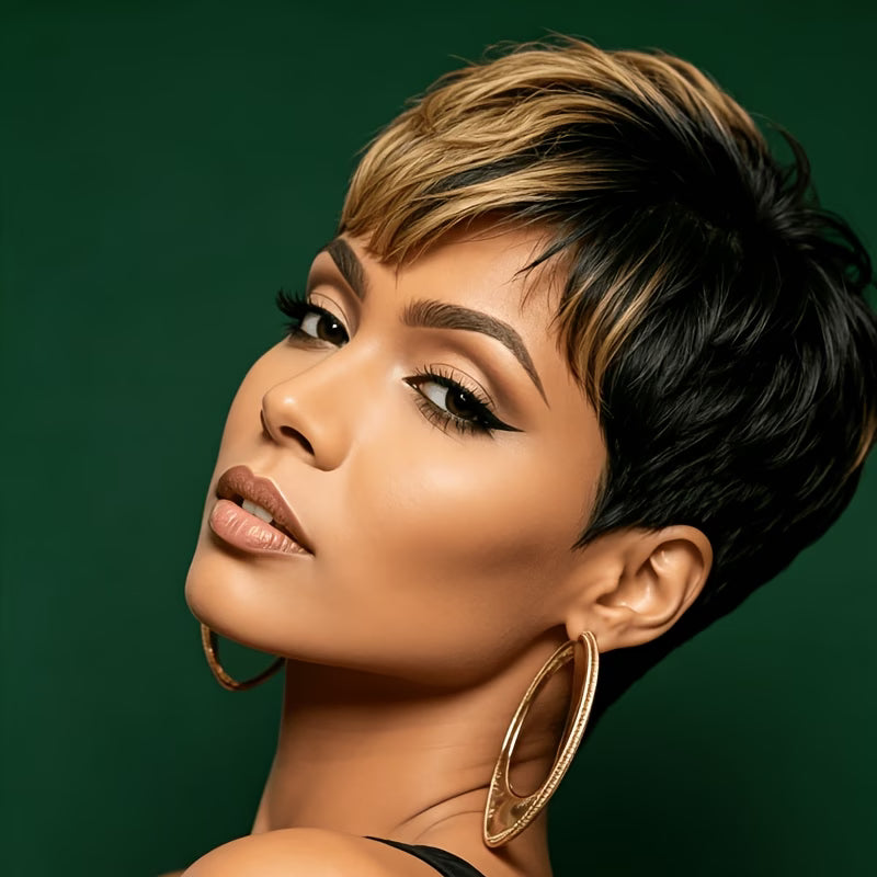 Women's Short Straight Pixie Cut Human Hair Wig with Bangs - 1B/30# Blonde Machine-Made Full Wig Suitable for Holiday/Party & Casual Attire, Density Hairpiece for Bald, Elastic for All Skin Tones