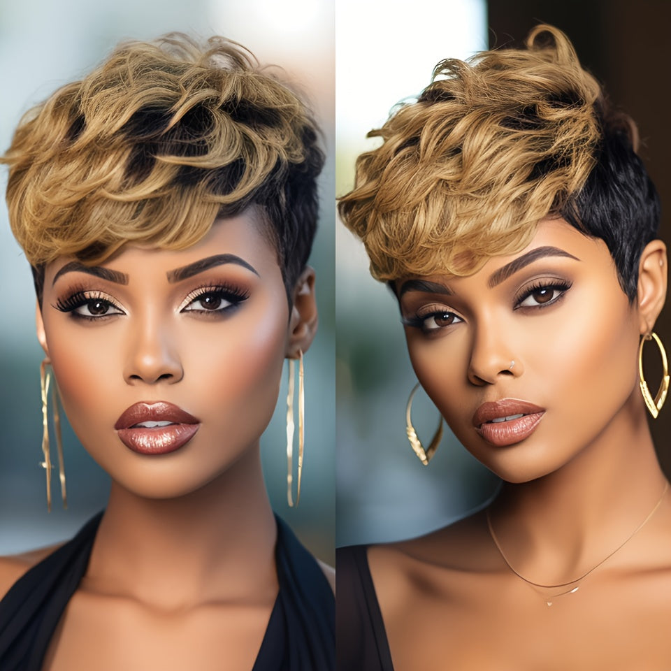 Women'S Remy Peruvian Human Hair Wig with Bangs - Layered Short Straight Pixie Cut, Natural Brown Balayage Highlights (1B/30#), Density Full Head