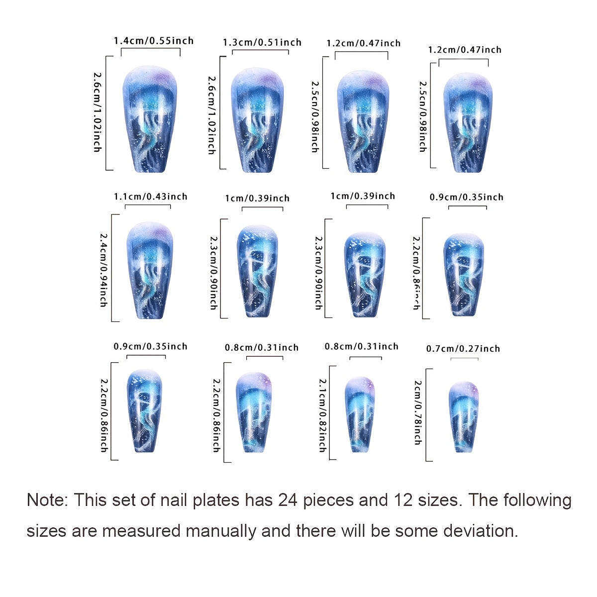 [Glowing Fake Nails] NGMATY 24pcs Gel False Nail Set | Medium Length Blue Jellyfish Coloring Glowing Fake Nails 12 Sizes - Press On Nails