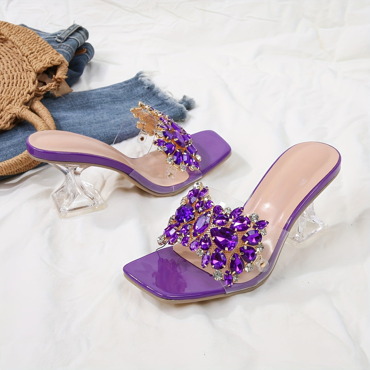 New Women'S High-Heeled Sandals with Transparent Crystal Heels And Rhinestone Embellishments, Perfect for Upscale Parties And Weddings.