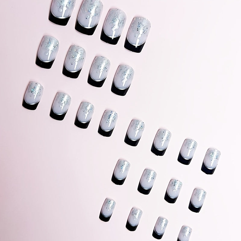 24pcs Fashionable Business Casual Elegant Daily Modern European Black French-Style Silvery Line Glitter Medium Square Fake Nail Set for and Women, Instantly Enhance Your Style, False Nails, Press On Nails, French Manicure, Mo