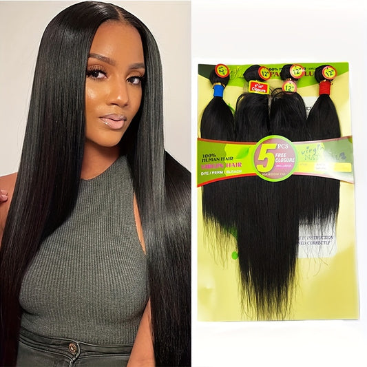 4 Bundles 12 Inch Straight Human Hair Weave with 4x4 Free Part Lace Closure - Natural Black Color, 100% Human Hair Extensions for Women, All Ethnicities, Versatile Hair Styling | Natural Hairline | Human Hair Bundle