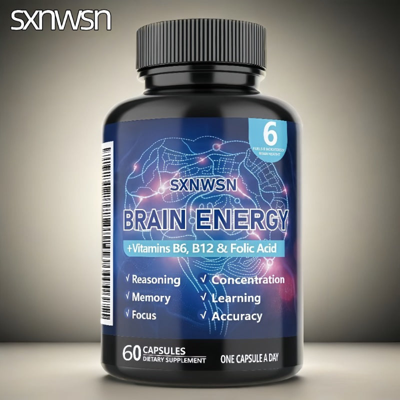 SNWS Brain Energy Supplement with Vitamins B6 & B12 - Focus, Memory & Learning Enhancer, 60 Capsules, Improves Attention, Accuracy & Reasoning, Non-Toxic Formula for Daily Use