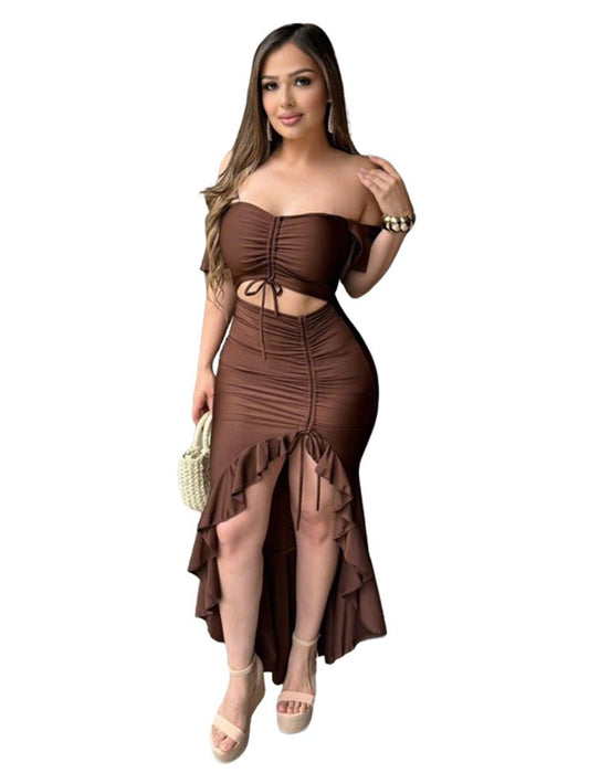 Strapless One-shoulder Slit Irregular Ruffle Dress Solid Color Sexy Skirt