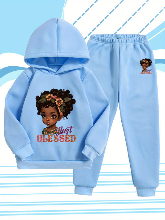 Girls' Fashion Hooded Sweatshirt and Pants Set, Creative Design with Cute Cartoon Prints, Comfortable Soft Polyester for Autumn/Winter Warmth, Perfect for Outdoor