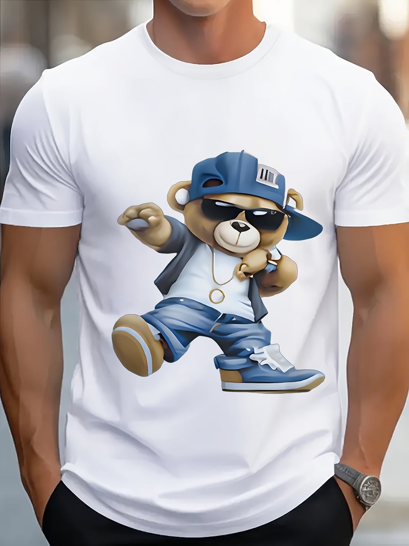 Men's Graphic T-Shirt - Soft Breathable Pure Cotton Tee with Hip-Hop Bear, Non-Transparent Fabric for Everyday Casual & Party Wear - All-Season Streetwear Essential, Summer Outfit, Playful Design, Comfortable Fit, Short Sleev
