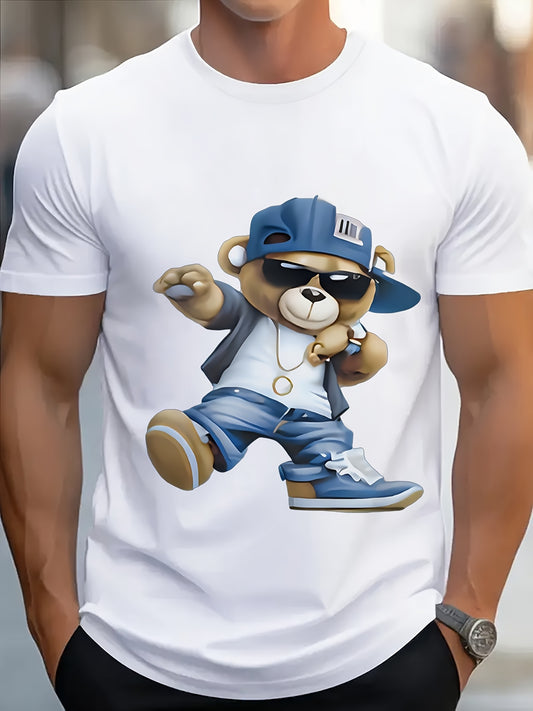 Men's Graphic T-Shirt - Soft Breathable Pure Cotton Tee with Hip-Hop Bear, Non-Transparent Fabric for Everyday Casual & Party Wear - All-Season Streetwear Essential, Summer Outfit, Playful Design, Comfortable Fit, Short Sleev