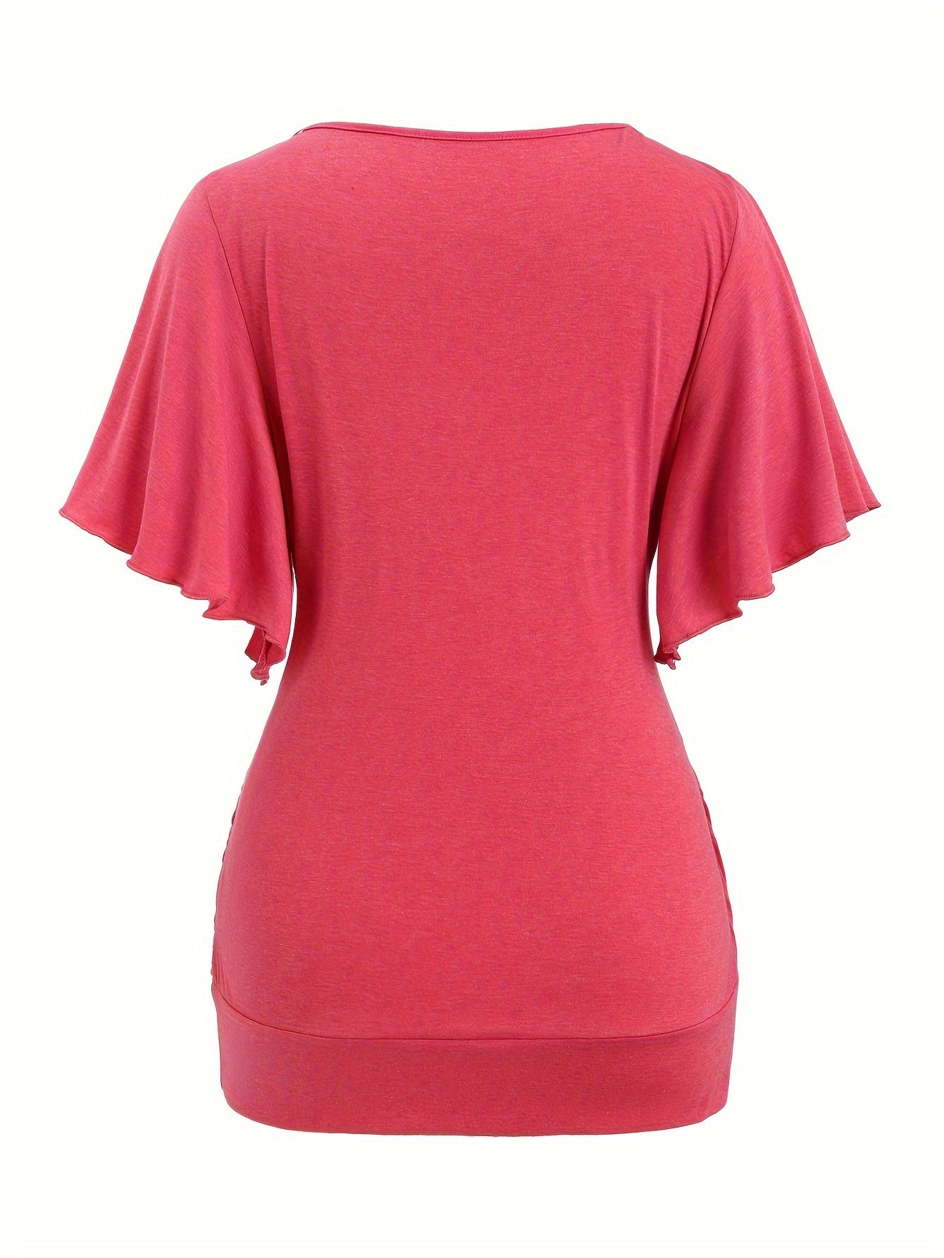 Plus Size Elegant Chain Decor Ruched T-Shirt - Surplice Neck, Short Sleeve, Comfortable, Breathable, Spring & Summer Essential - Women's Fashion Clothing for Curvy Figures