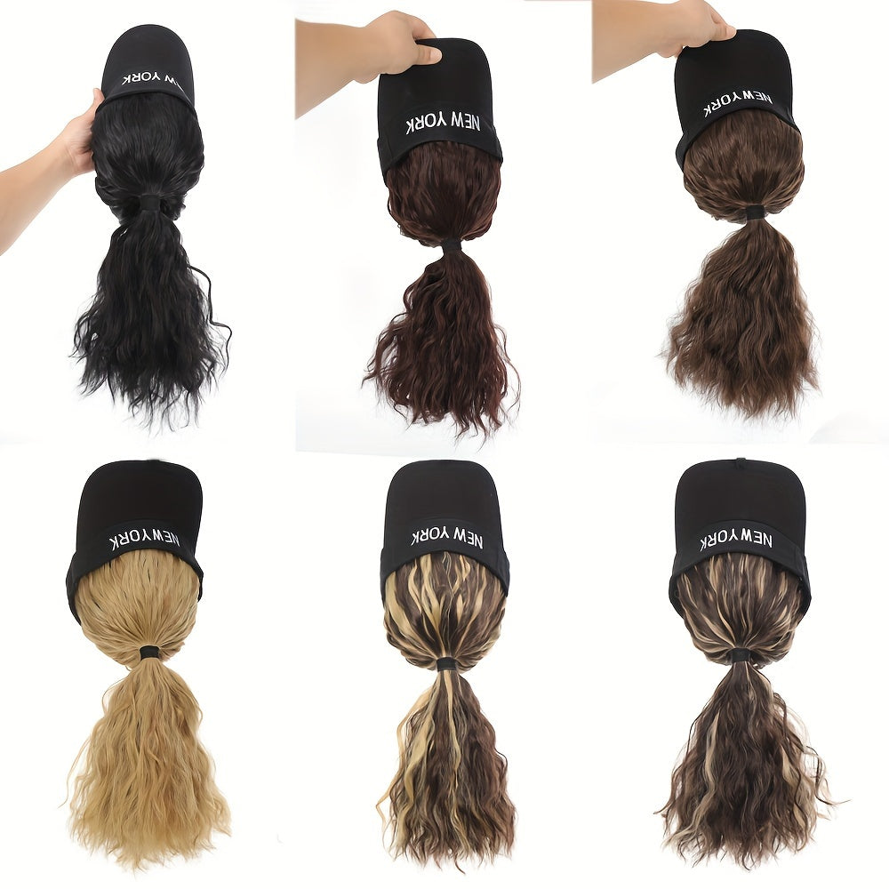 [Adjustable Baseball Cap] 1pc Adjustable Black Baseball Cap - Women's Synthetic Hair Visor Hat with Detachable Ponytail for Outdoor Sports and Fashion