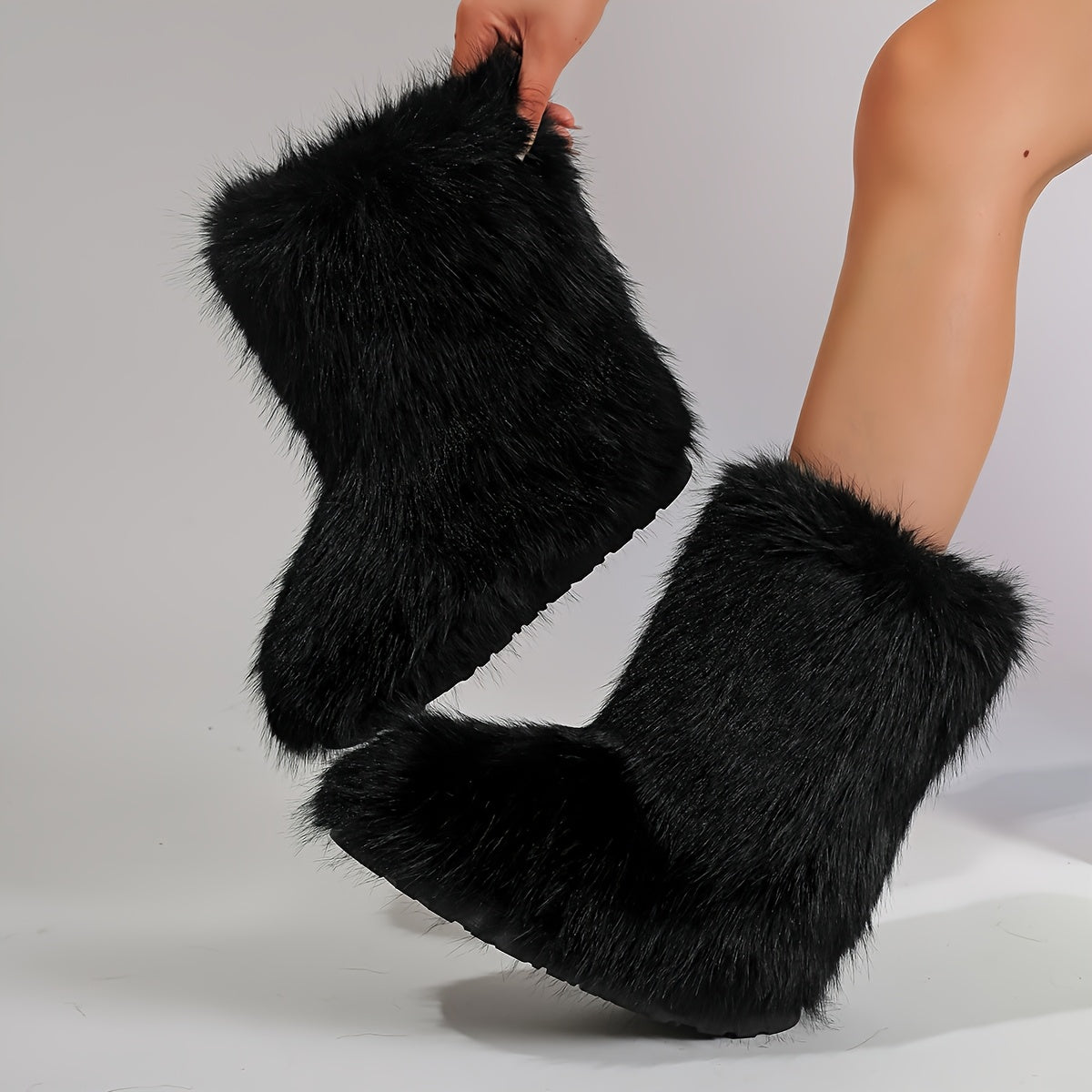 Women's Plush Faux Fur Winter Boots - Furry Mid-Calf (Short) Round Toe Snow Shoes with Sole, Cozy Warm & Soft Inner - White/Black/Coffee Brown//Tortoiseshell - Casual & Party Footwear