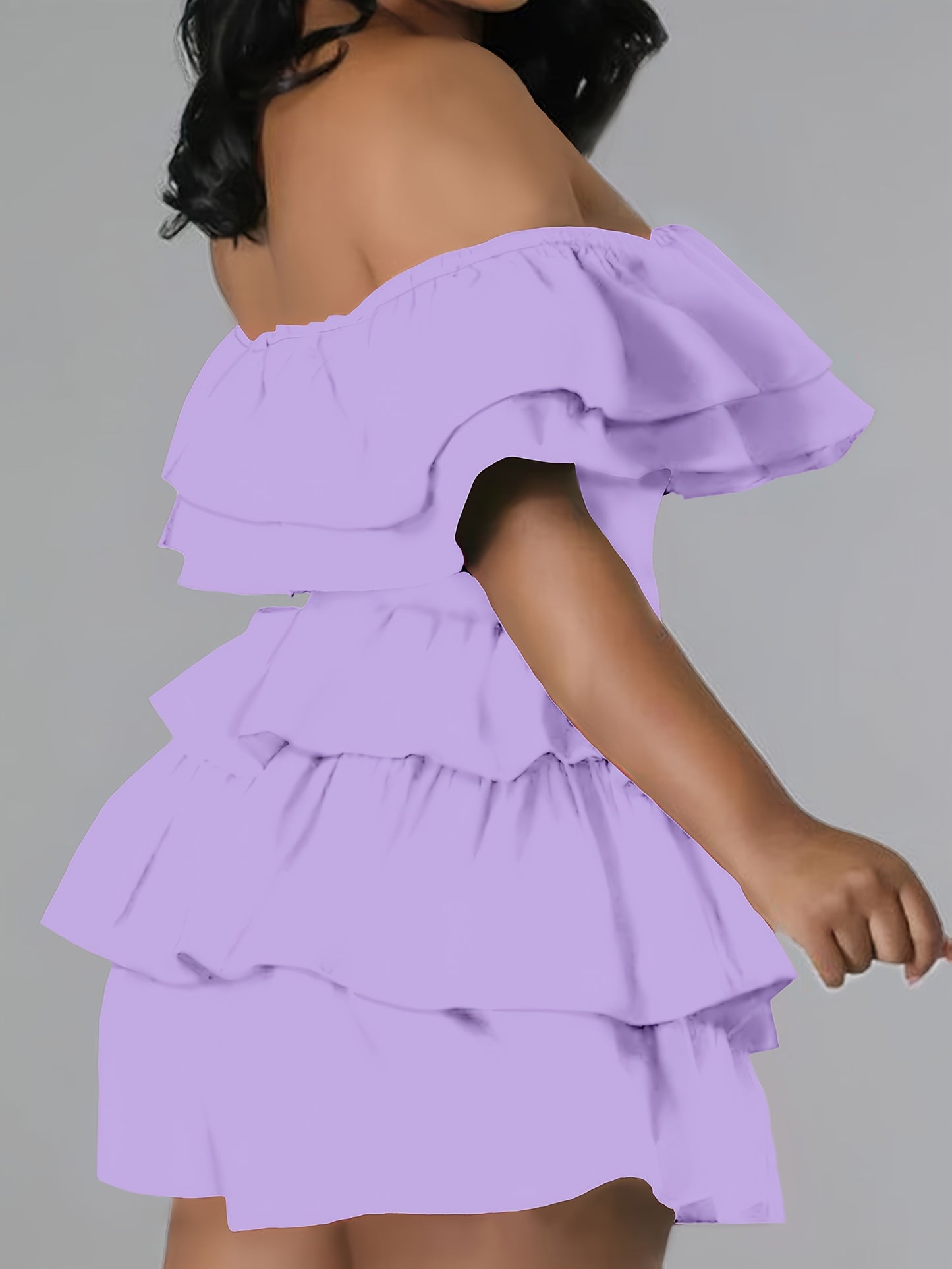 Women's Plus Size Elegant Off-Shoulder Ruffled Waist One-Piece Shorts Dress - Lightweight Breathable Casual Chic Machine Washable Solid Color (Lilac, Lavender, Light Green, Pink, Blue), Evening Wear, Summer Apparel, Oneshould