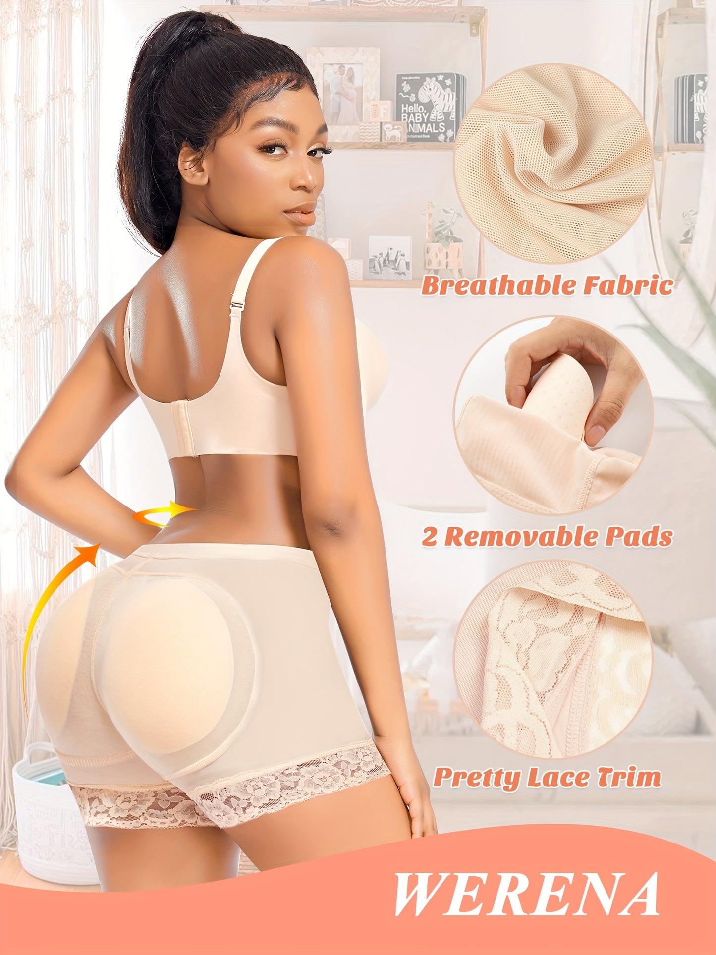 Women's Seamless Lace Shapewear Boyshorts - Padded Butt Lifter Panties with Floral Lace Trim, Beige, Comfortable & Breathable Design for Casual Attire, Cute Panties