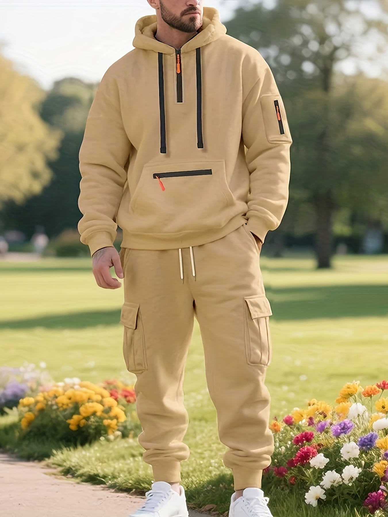 Men'S Style Casual Sportswear Set - Thickened Hooded Sweatshirt & Joggers with Pockets, Long Sleeve, Regular Fit, Solid Color, Button Detail, Fall/Winter Collection