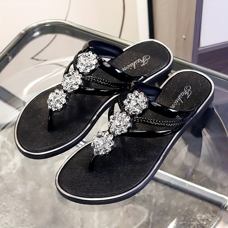 [Elegant Sandals] Lightweight Elegant Women’s Rhinestone Flat Sandals | Casual Outdoor Herringbone Slippers with Sparkling Metallic Accents, Beach Footwear, PVC Sandals, Summer Sandals