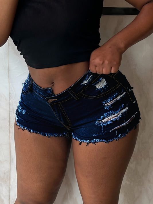Women's Stretchy Distressed denim-like Jeans Shorts - Skinny fit Mid-Rise with Raw Hem Tears & Frayed Edges, Non-See-Through Viscose Blend for Casual Outfits, Beach Parties, Everyday Summer Wear - Machine Washable, Denim Shor