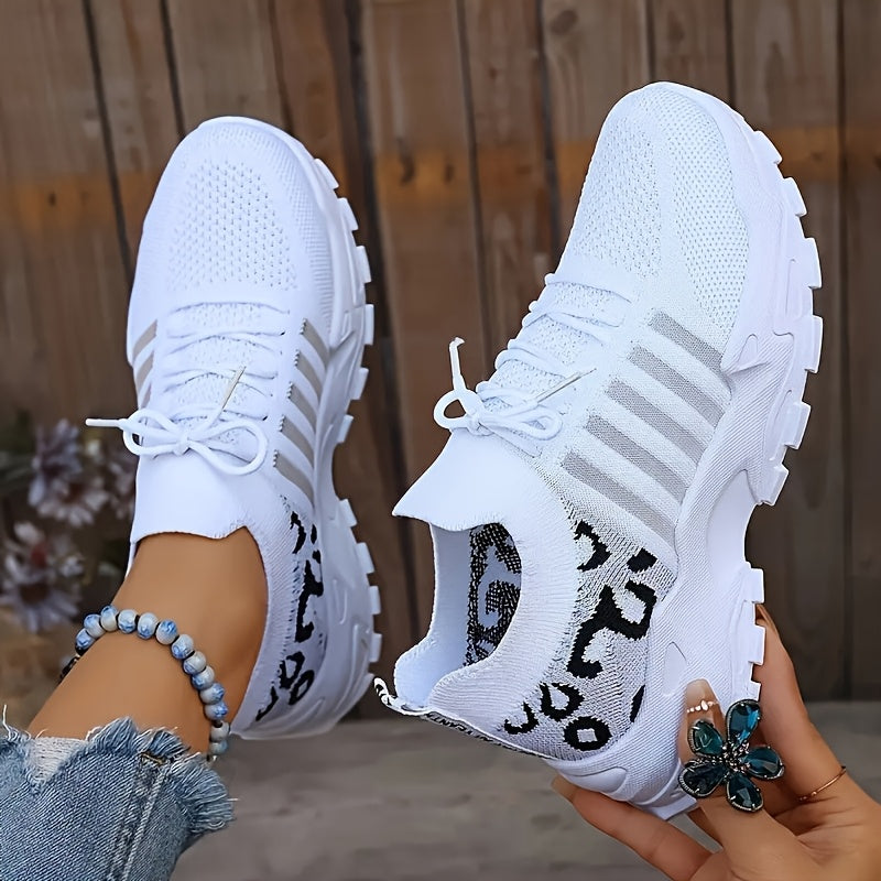 Women'S Shoes, Fashionable New Style, Mesh, Breathable Sports Shoes, Retro White Sneakers, Korean-Style, Casual Women'S Shoes, Leopard Print Embellishment, Running, Walking, Brisk Walking, Tennis, Outdoor