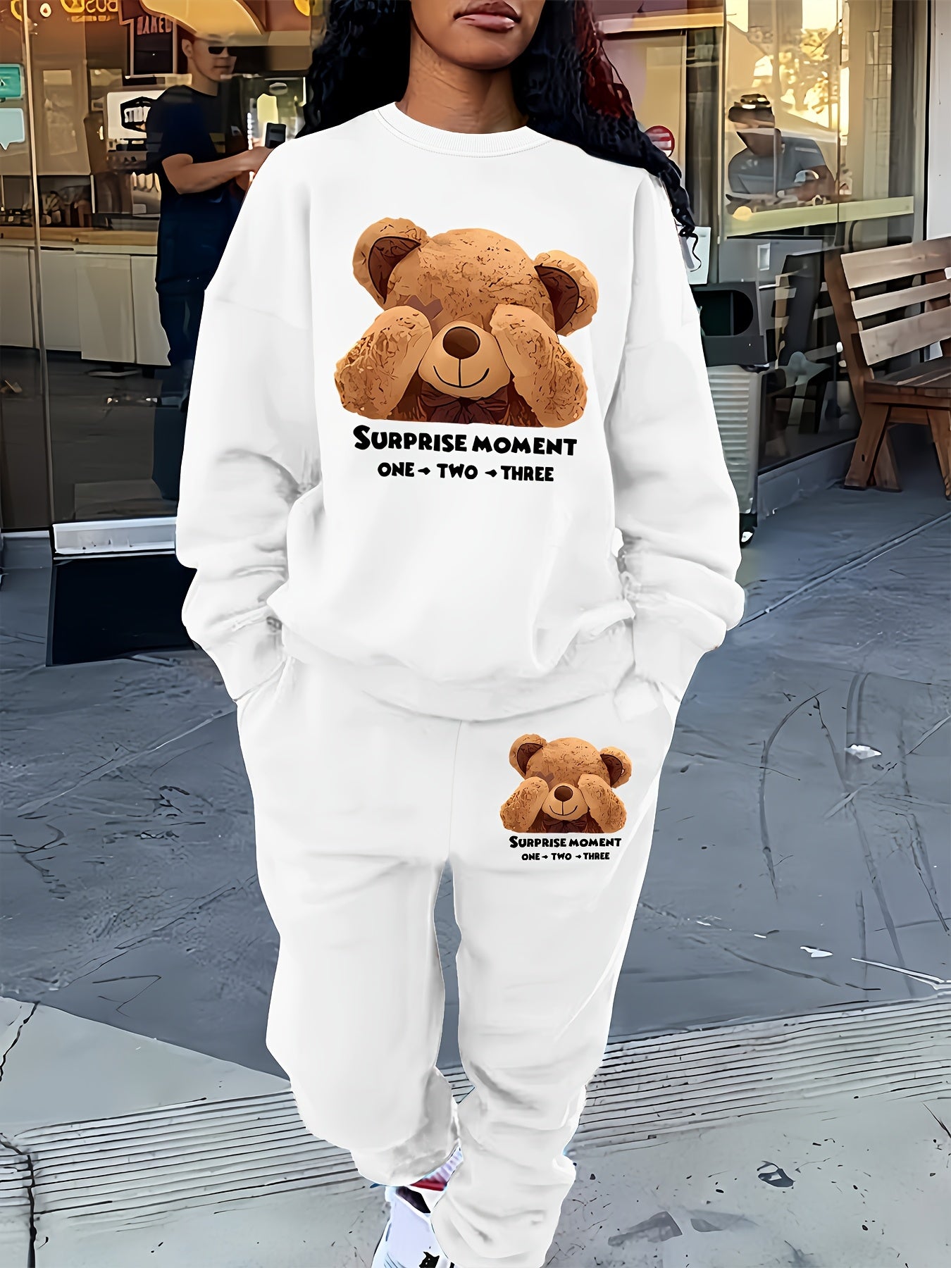 Bear Print Two Piece Set, Crew Neck Sweatshirt & Pants, Women's Clothing