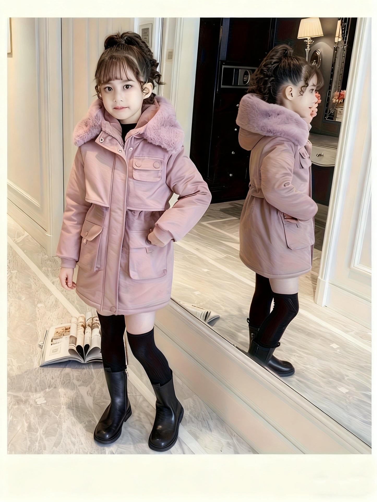 Girls' Winter Parka | 2025 New Fashion Thickened Plush Hooded Midi Coat with Zipper, Suitable for Ages 3-12