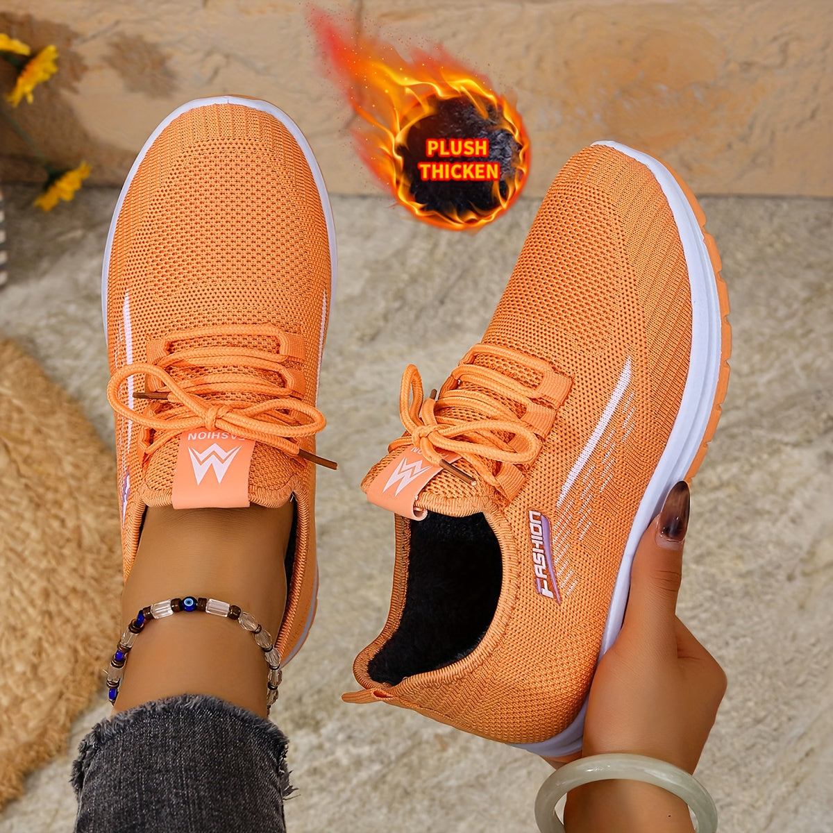 [Autumn And Winter ]Orange Fleece-Lined Warm Shoes, Thickened Cushioning Shoes Exclusive for Winter, Orange And Purple Spliced Lace-Up Trendy Warm Sports Shoes, White Casual Shoes, Shoes For Women/elegant Shoes For Women, Sea