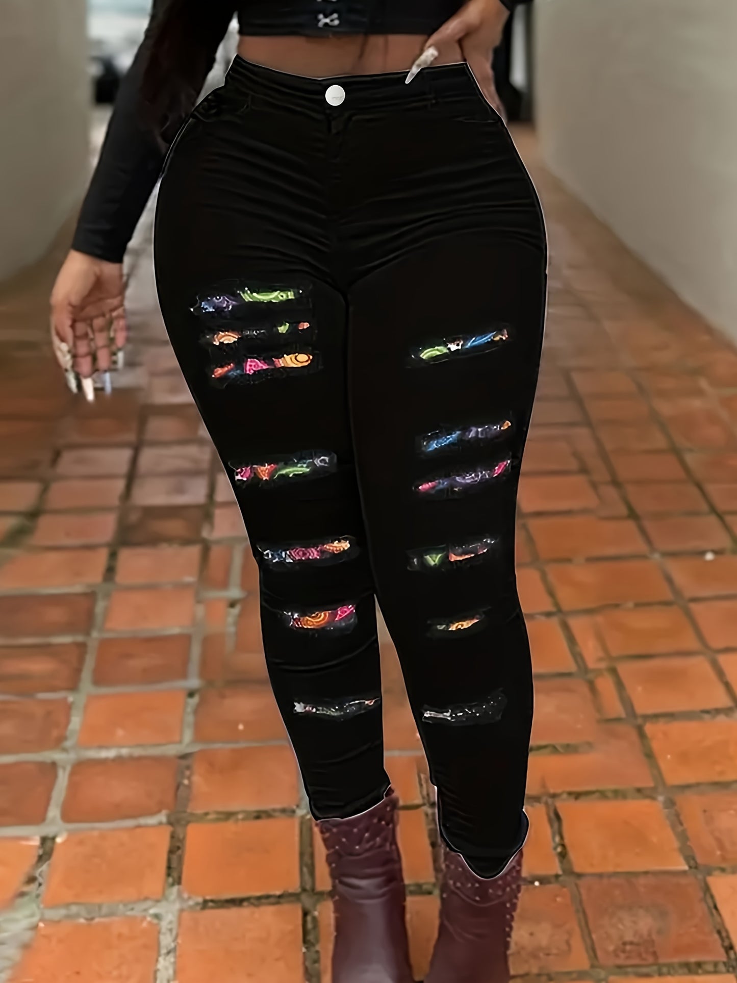 Women's Plus Size Casual Skinny Printed Patchwork Ripped Denim Jeans With Stretch, Full Length Pencil Pants, Fashion Printed Trousers