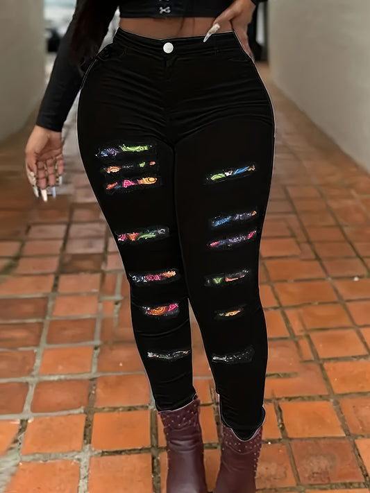 Women's Plus Size Casual Skinny Printed Patchwork Ripped Denim Jeans With Stretch, Full Length Pencil Pants, Fashion Printed Trousers