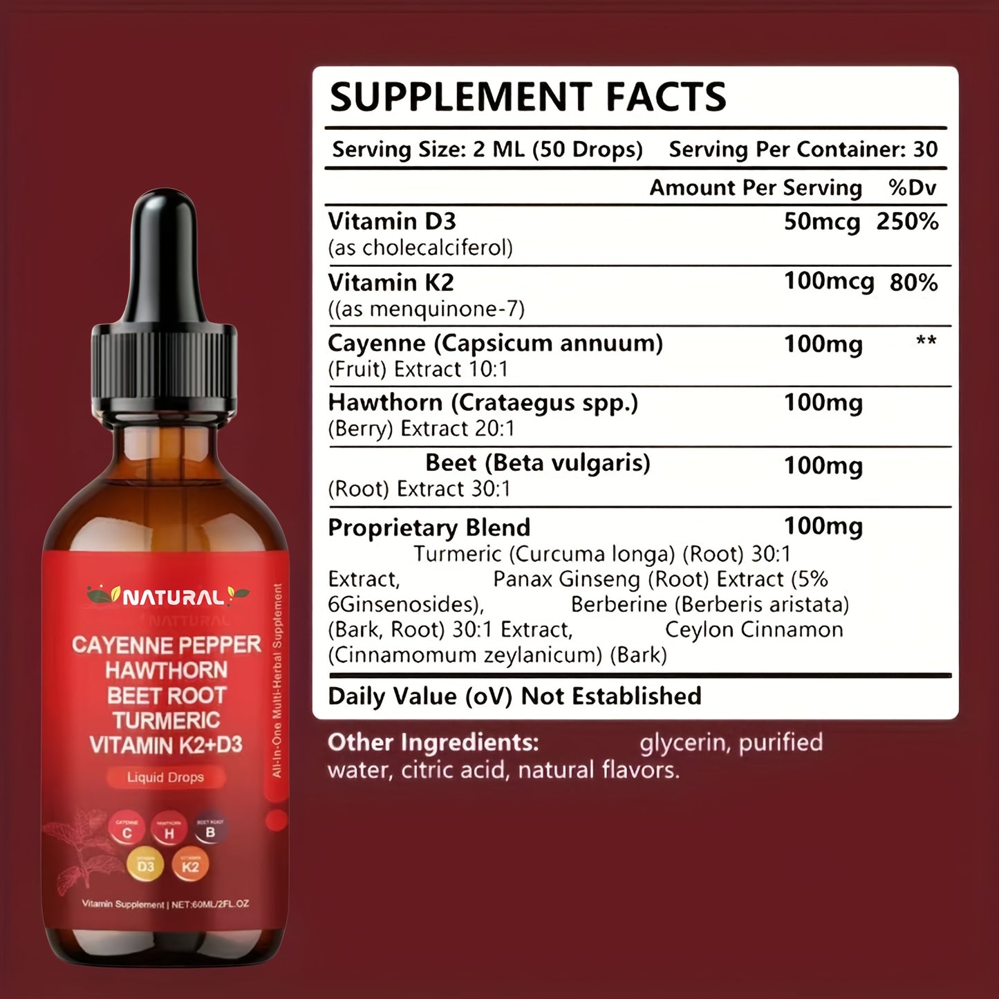 Vitamin K2 D3 Cayenne Pepper Liquid Drops, Beet Root, Turmeric, Ginseng, Ceylon Cinnamon, Daily Wellness Supplement, Allergy Friendly, 2.03oz,Mother's Day gift to mother