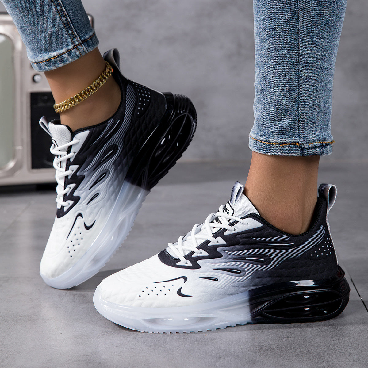 Women's Lightweight Breathable Mesh Running Shoes - Shock-Absorbing Thick Sole, Geometric Design Sport Control Sneakers with EVA Cushion & Rubber Grip, All-Season Casual Gift for Her, Comfortable Fabric Insole