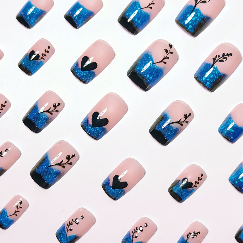 24pcs/48pcs Pink Blue Gradient Wind Pressing Fake Nail Set, Square Type A, with Black Hearts, Branches, And Glitter, Romantic And Fashionable, Including Jelly Glue And Nail Files, Suitable for Daily Use, The First Choice for
