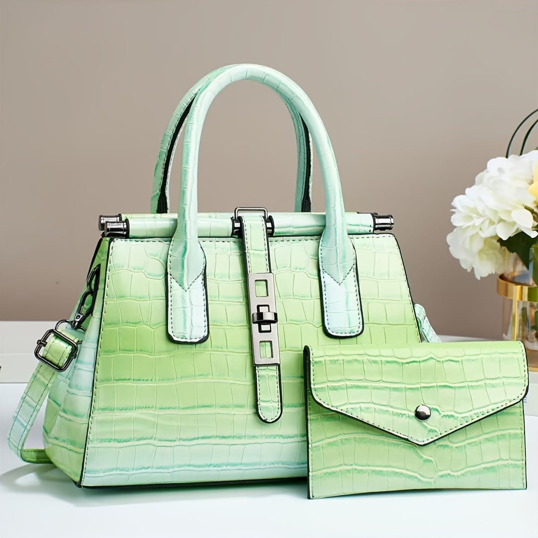 The New Women'S Bag 2025 Fashion Bright Faux Leather Crocodile Print Senior Large Capacity Single Shoulder Crossbody Handbag Two-piece Set
