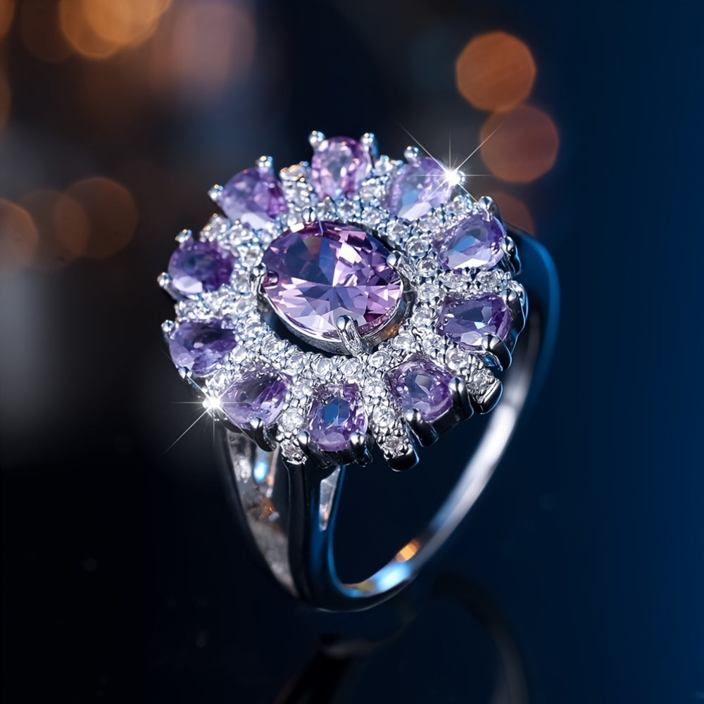 A Ring Featuring a Teardrop-Shaped Floral Design with a Silvery Oval-Cut Purple Faux, Perfect for Weddings, Engagements, Or Valentine'S Day Gifts., For Teenager