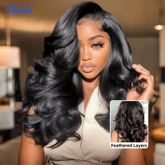 Nadula 7x5 Lace No Slip Wig Feathered Layer Side Part 200% Density Human Hair Glueless Wig with Invisible Drawstring Put On And Go Pre-Cut Lace Pre-bleached Knots Pre-Plucked Hairline