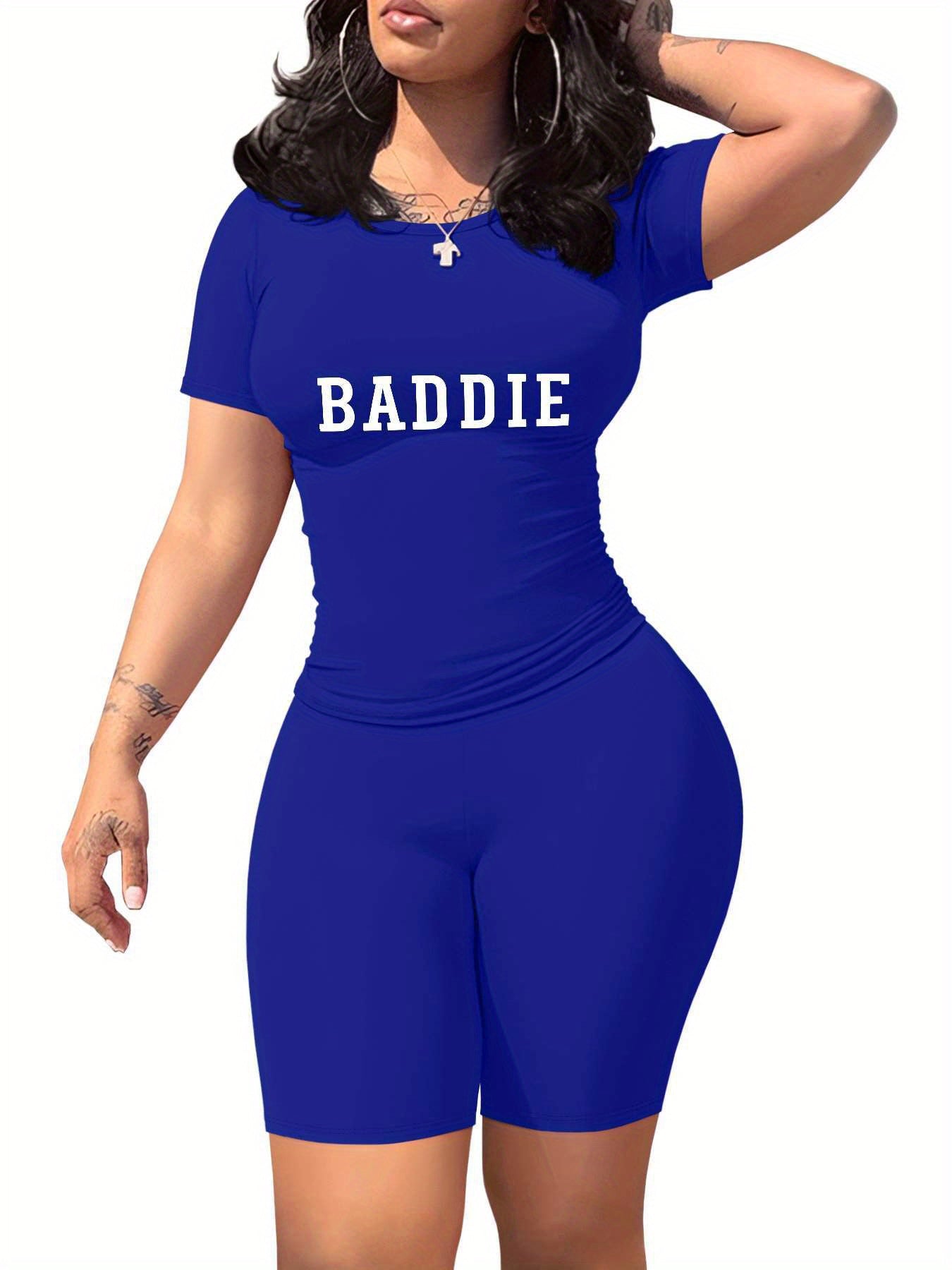 Baddie Women'S SlimFit TShirt and Shorts Set, Premium Baddie Lettering Print, Durable Baddie Graphic Design, Casual Baddie Style Fashion with Soft Fabric, Comfortable and LongLasting Baddie Trend., Allseason Apparel, Trendy O