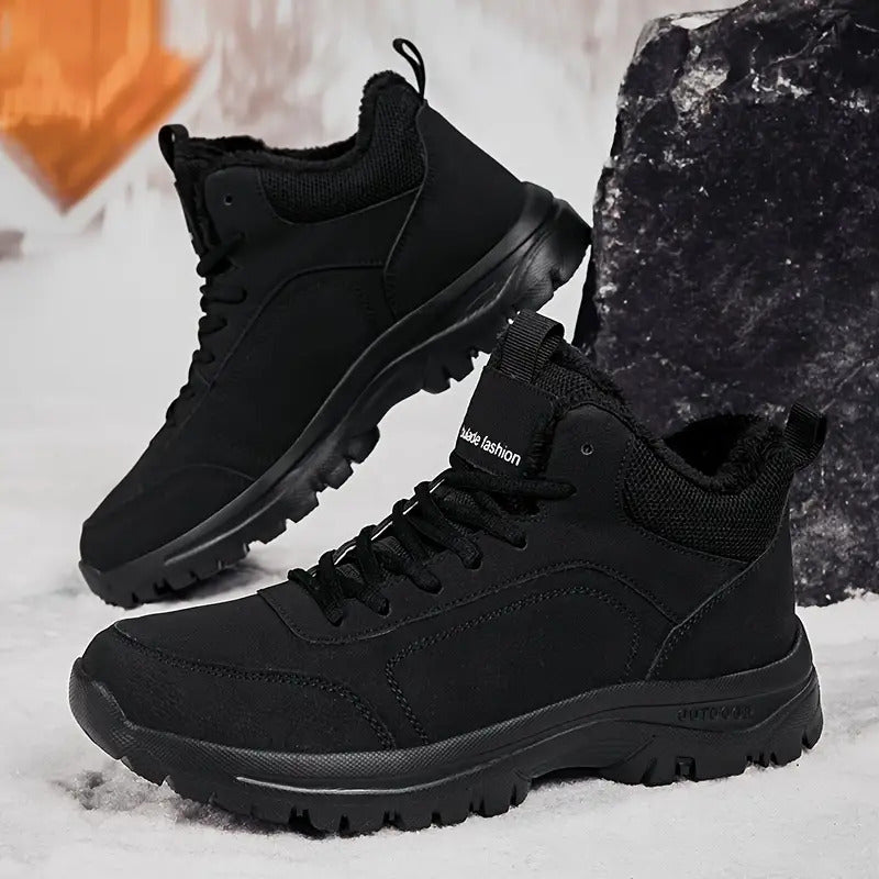 Men's Winter High-Top Sneakers - Warm & Lightweight Thermal Shoes with Fuzzy Collar, Non-Slip MD Sole & PU Upper, Lace-Up Ankle for Outdoor, Travel, Walking - Black - Ideal for Cold Weather & Snow - Casual Winter Boots for Me