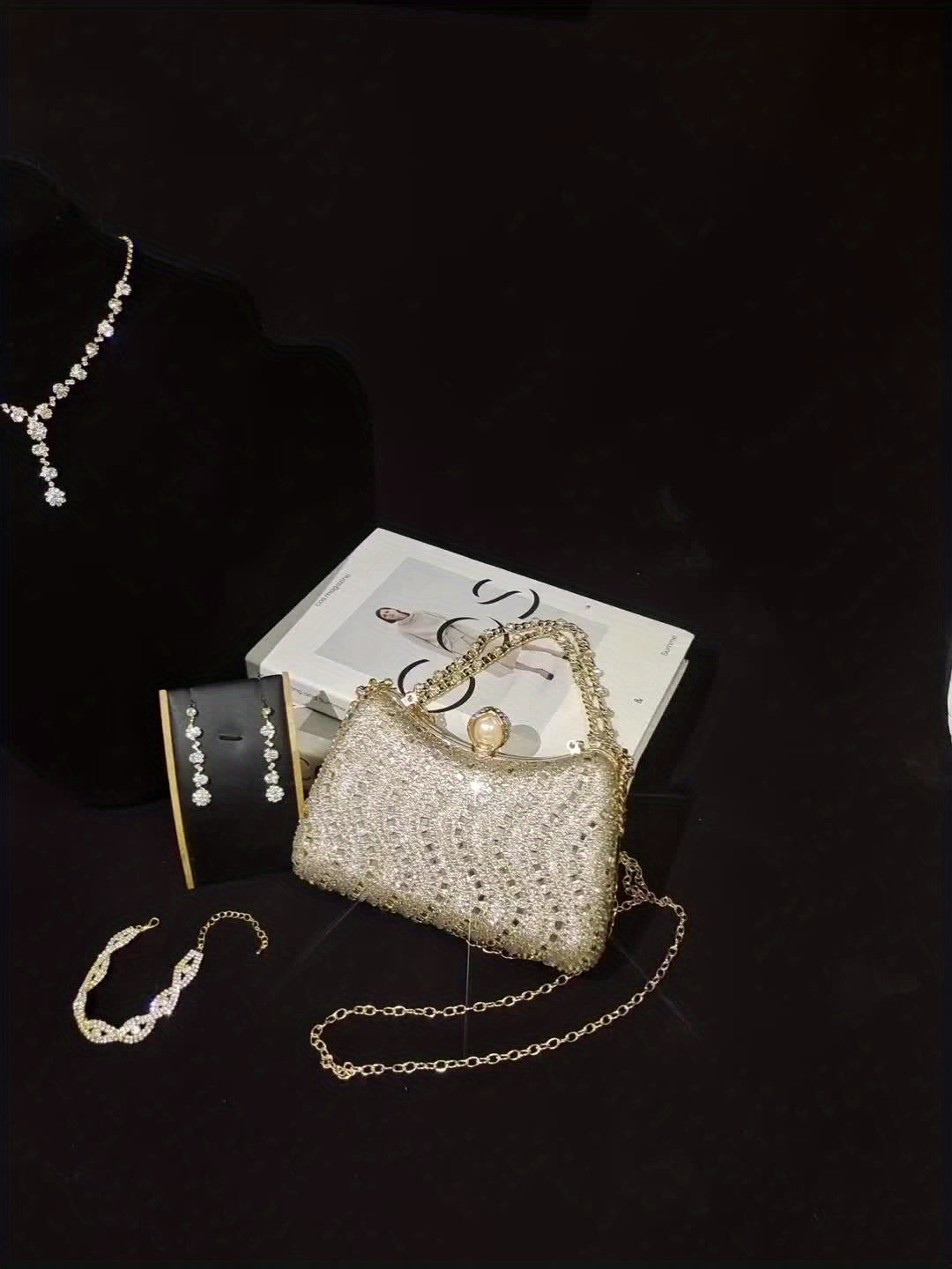 5pcs Women's Elegant Rhinestone-Embellished  Evening Handbag & Crossbody - Convertible Shoulder/Dance Party Wedding Accessory with Necklace, Earrings, Bracelet & Ring Gift Set (Golden) Suitable for Prom, Gala, Dinner Parties
