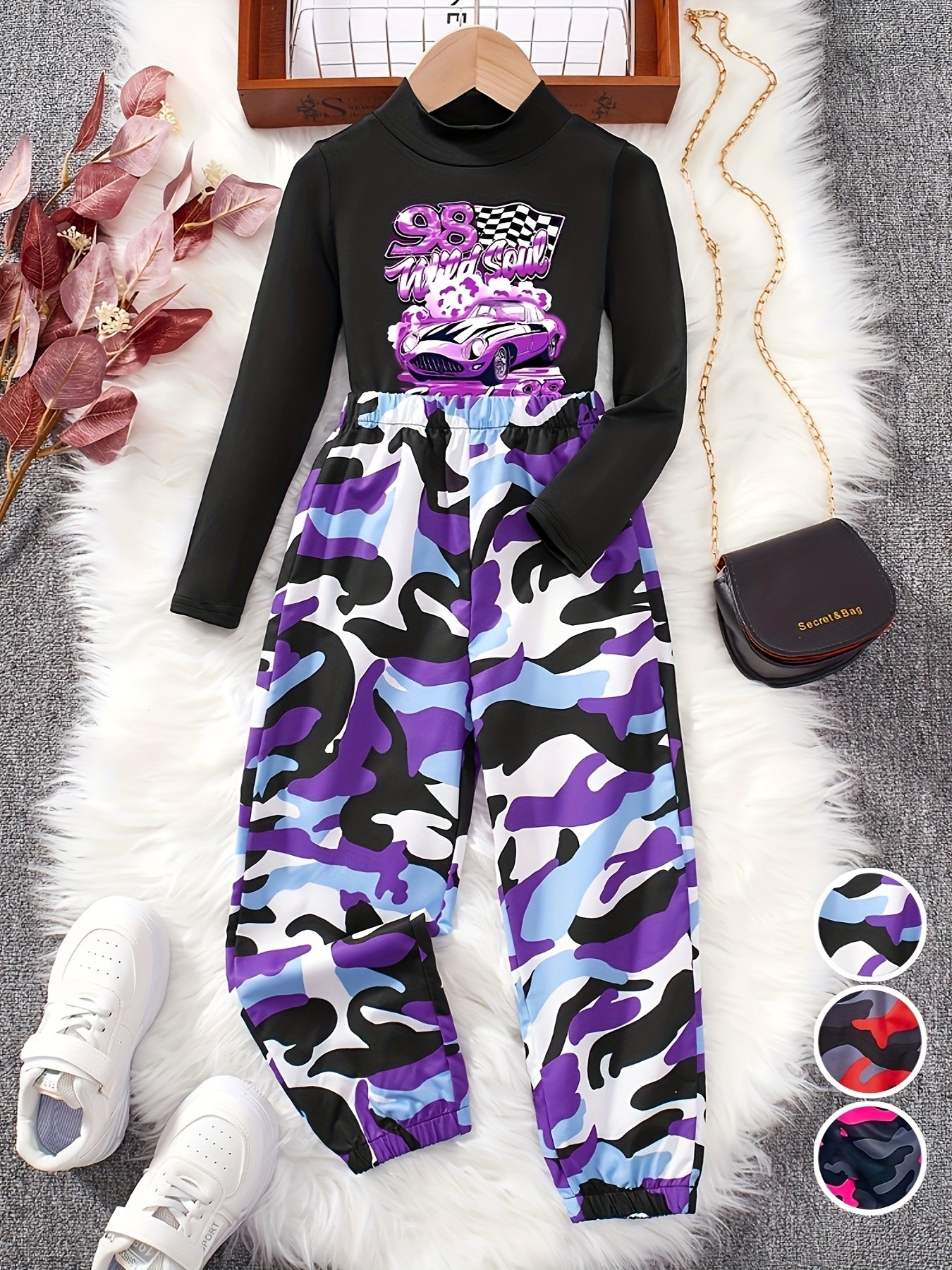 Girls 2pcs Set: Black Small High Collar Long Sleeve Pattern T-shirt + Camouflage Work Bag Jogging Pants, Suitable for Autumn, Suitable for 3 Years Old and Above, for Outdoor
