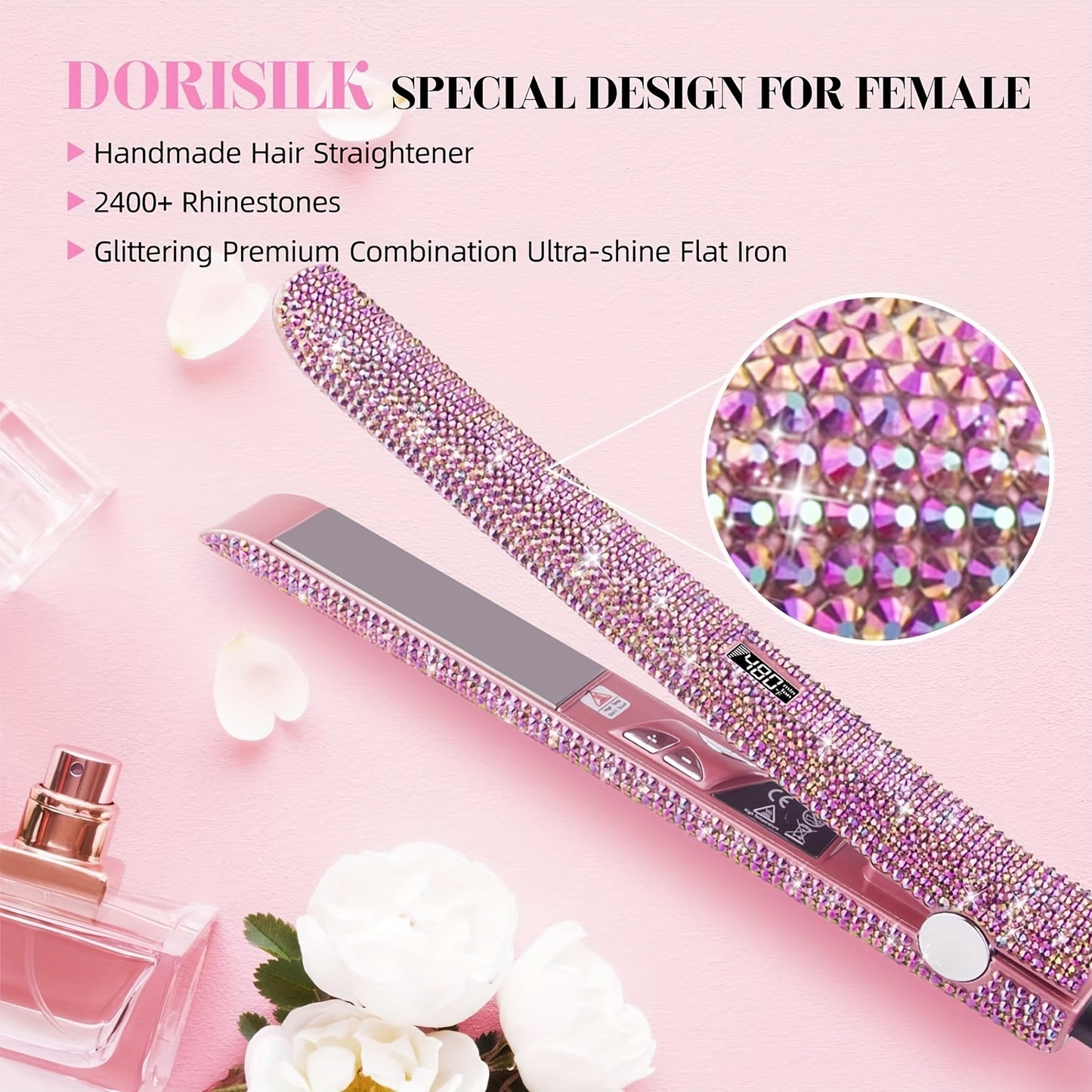 DORISILK 480°F High Temp Hair Straightener and Curler, Titanium Flat Iron Rhinestone Straightening Iron, 2 in 1 Straightening Curling 1" Salon Professional Dual Voltage Crystal Bling Rose Pink