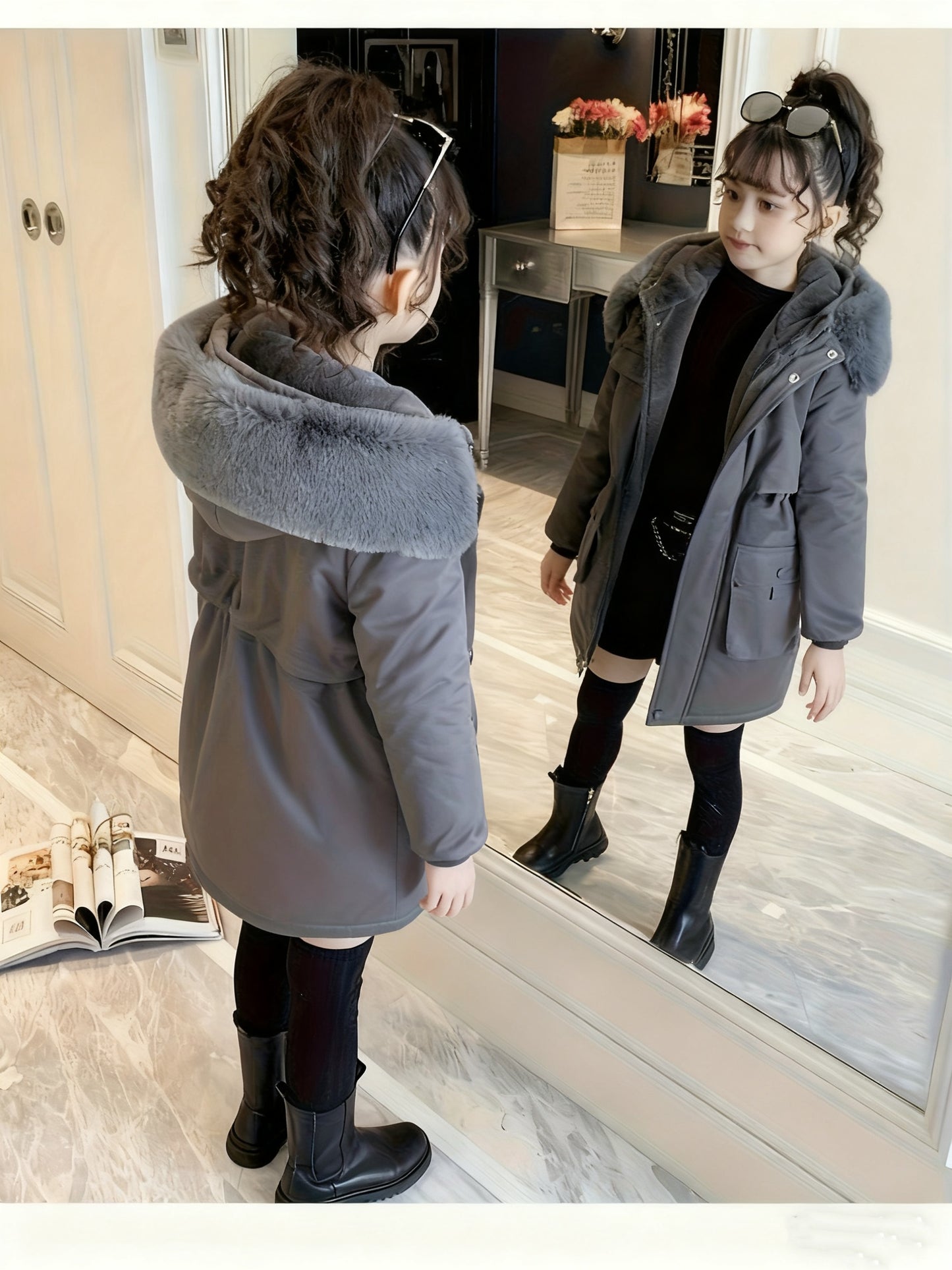 Girls' Winter Parka | 2025 New Fashion Thickened Plush Hooded Midi Coat with Zipper, Suitable for Ages 3-12