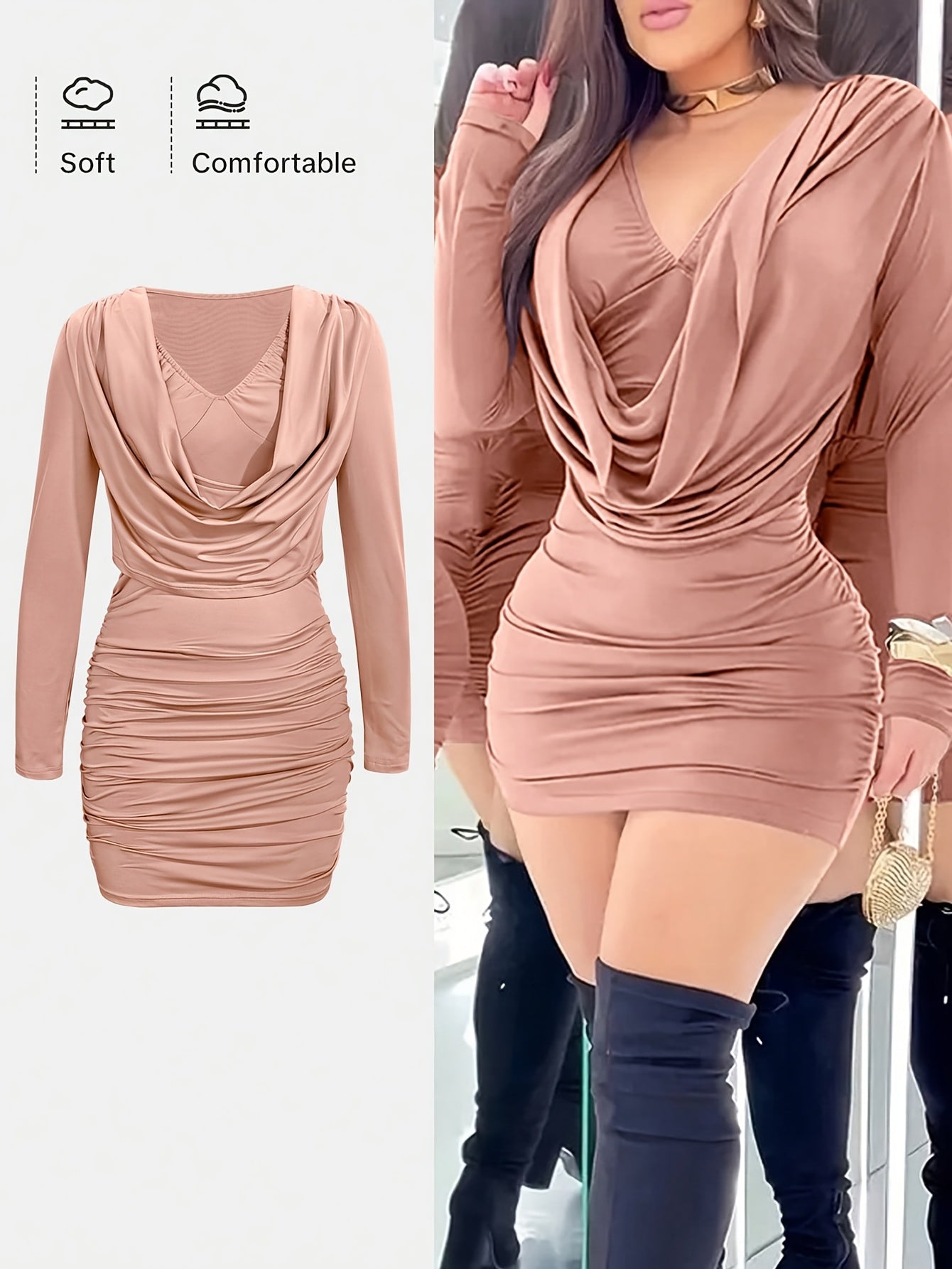 Autumn And Winter Women's Sexy Dresses, V-neck, Solid Color, Tight-fitting, Hip-hugging, Ruffled Design, Short Length, Sexy Hip-hugging Mini Dress.