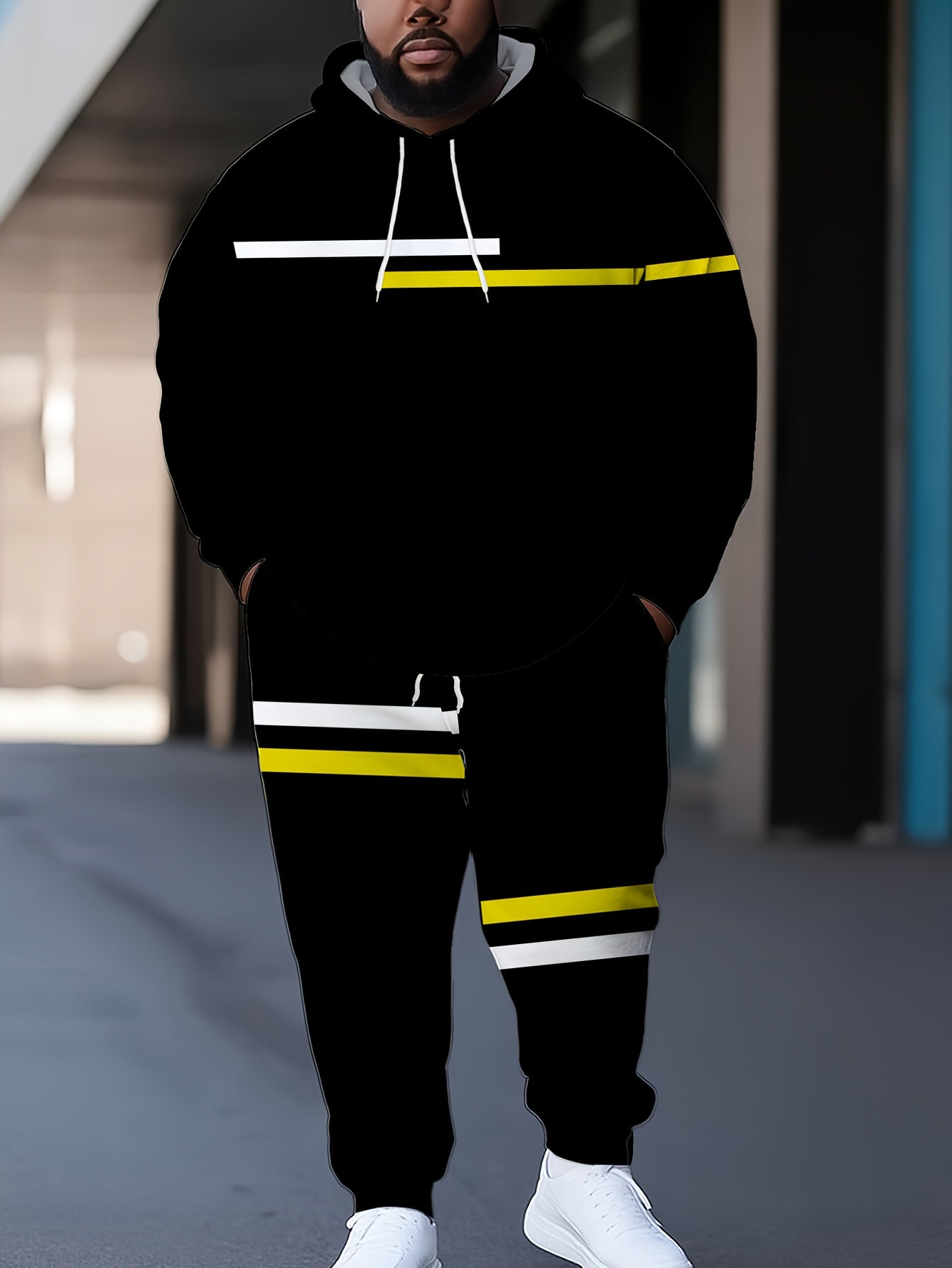 Men's Plus Size 6XL Full-Body Black Striped Matching Tracksuit - 2pcs Oversized Hoodie & Sweatpants Set, Breathable Machine-Washable Fabric for Gym,, Lounge & Casual Wear - Matching Outfit for Big & Tall Men (Comfortable), PL