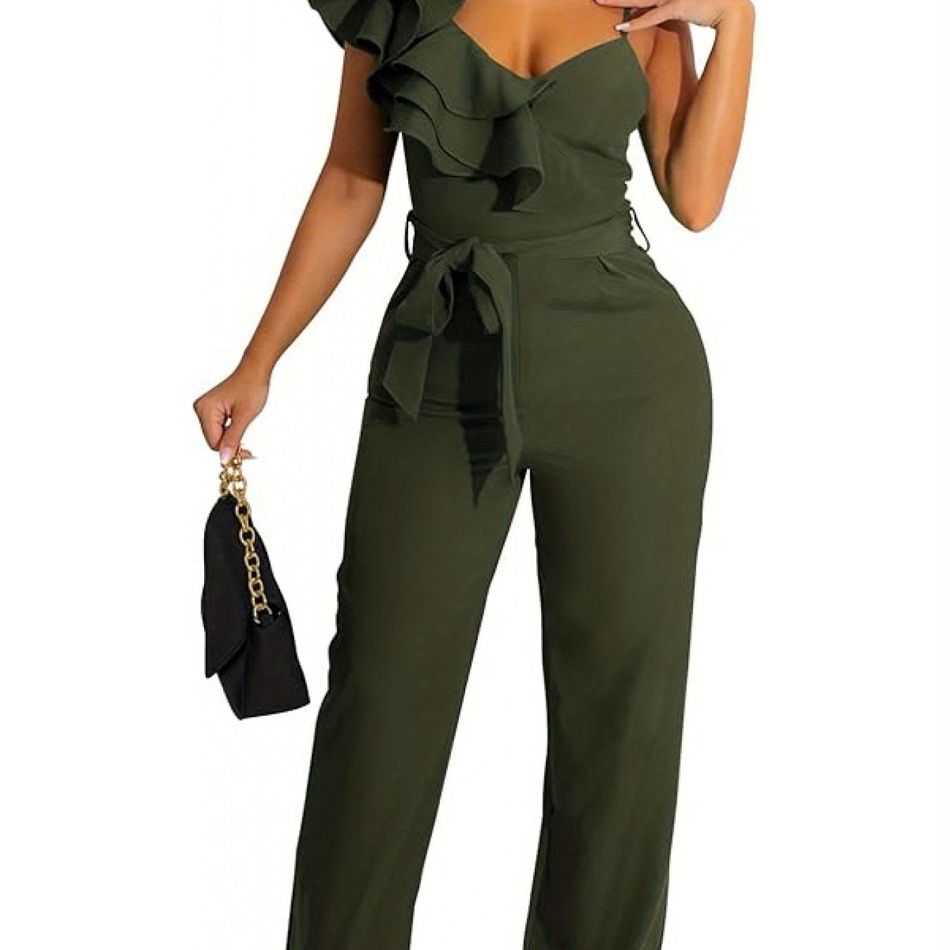Women'S Casual Jumpsuit V Neck Sleeveless One Shoulder Ruffle Halter Backless Drawstring Wide Leg Pants Sexy Bodysuit Party Club Costume