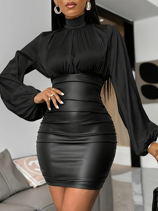 [Elegant Pencil Dress] Elegant Plus Size Women's Pencil Dress | Long Sleeve Mini Dress with Pleated Waist & Color Blocked Patchwork, Loose Fit Stand Collar, Machine Washable for Business & Casual Wear, Professional Outfit, Su