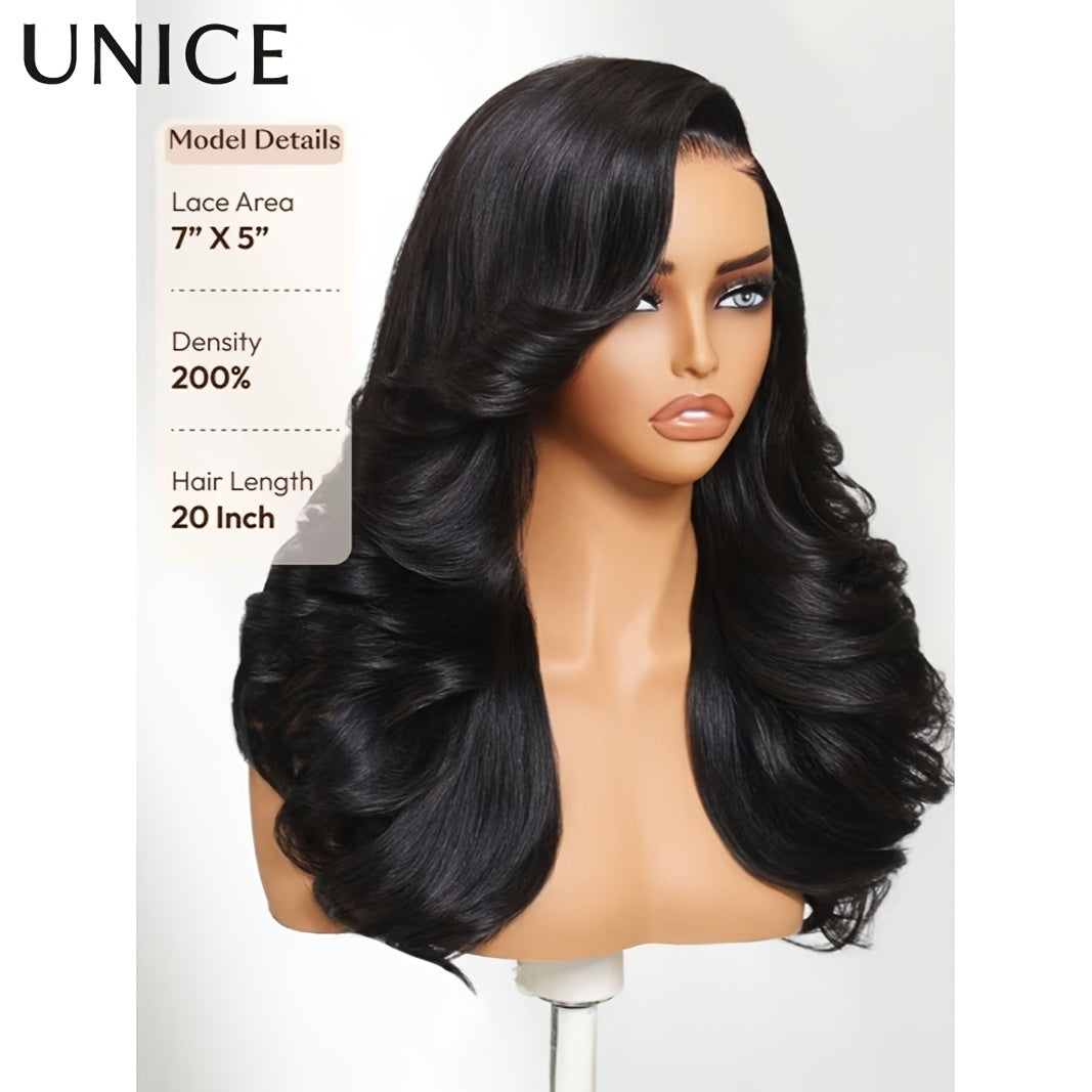 UNice 250% Density Human Hair Wig with Feathered Layers & Volume - Bye-Bye Slip (Adjusts 18"-24") | Secure Strips & Drawstring Closure | Pre-Layered Style for & | Hair Density (No Glue Needed)