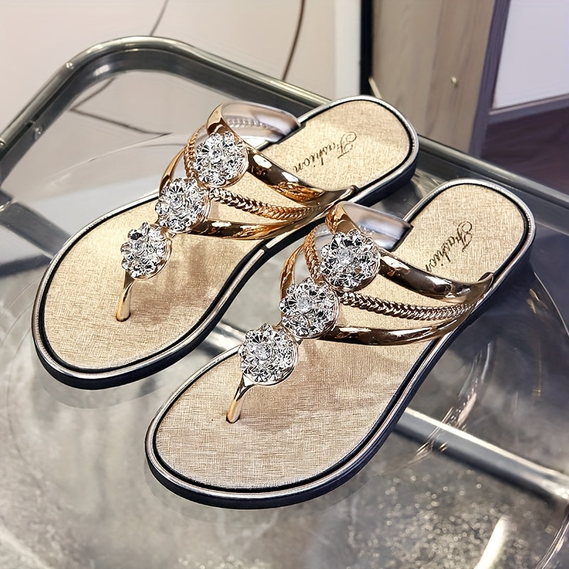 [Elegant Sandals] Lightweight Elegant Women’s Rhinestone Flat Sandals | Casual Outdoor Herringbone Slippers with Sparkling Metallic Accents, Beach Footwear, PVC Sandals, Summer Sandals