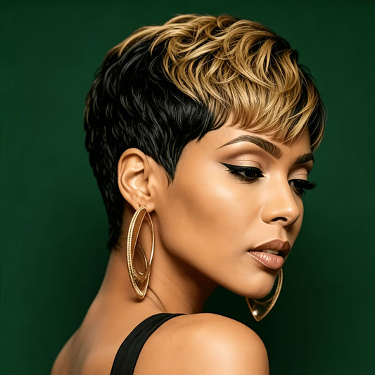 Women's Short Straight Pixie Cut Human Hair Wig with Bangs - 1B/30# Blonde Machine-Made Full Wig Suitable for Holiday/Party & Casual Attire, Density Hairpiece for Bald, Elastic for All Skin Tones